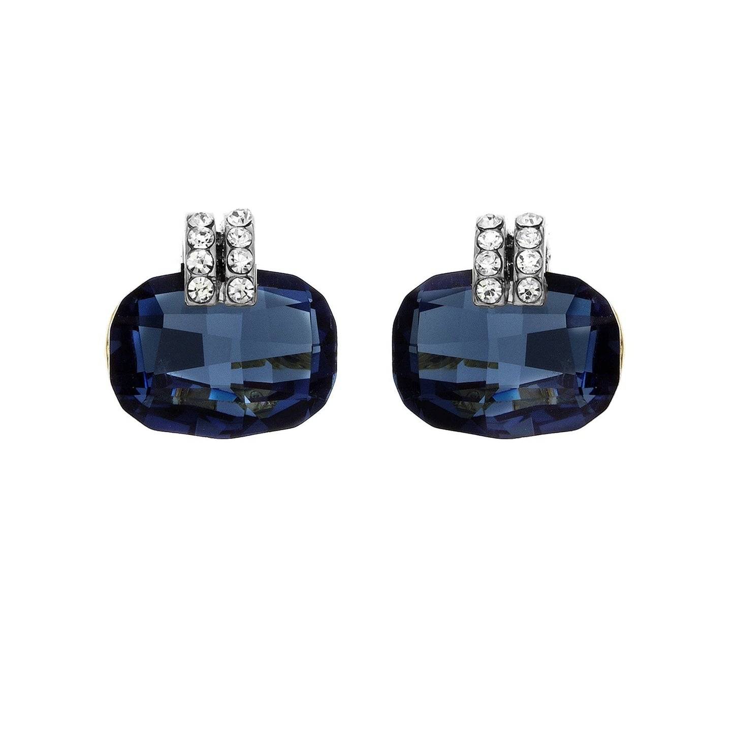 Luxe on Main LLC - Silver Plated Cushion Cut Bl Denim & Clear Crystals Earrings