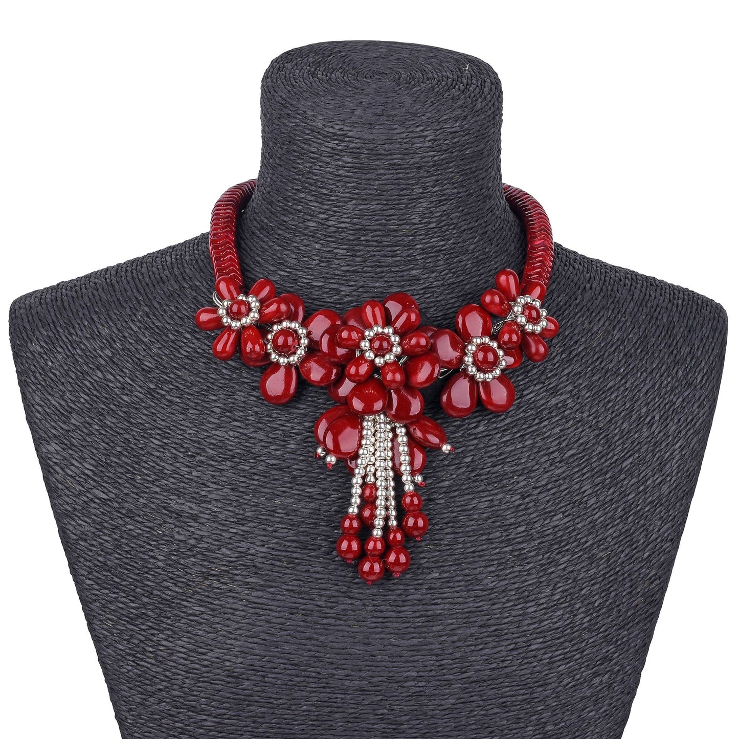 Gardenia Jewelry Ltd. - Burgundy & Silver Howlite Floral Flower Tassel Bib Necklace