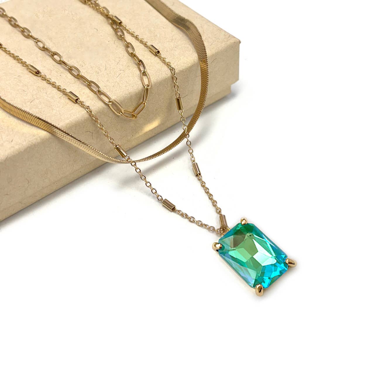 StarryNYC - Square Glass Pendant Multi Layer 3 Row Chain Necklace