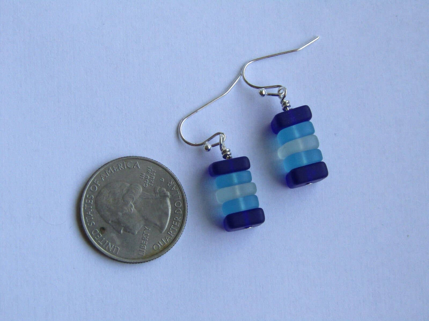 Bad Apple Designs - Stacked Blue & White Sea Glass Pebble Earrings Silver Plated
