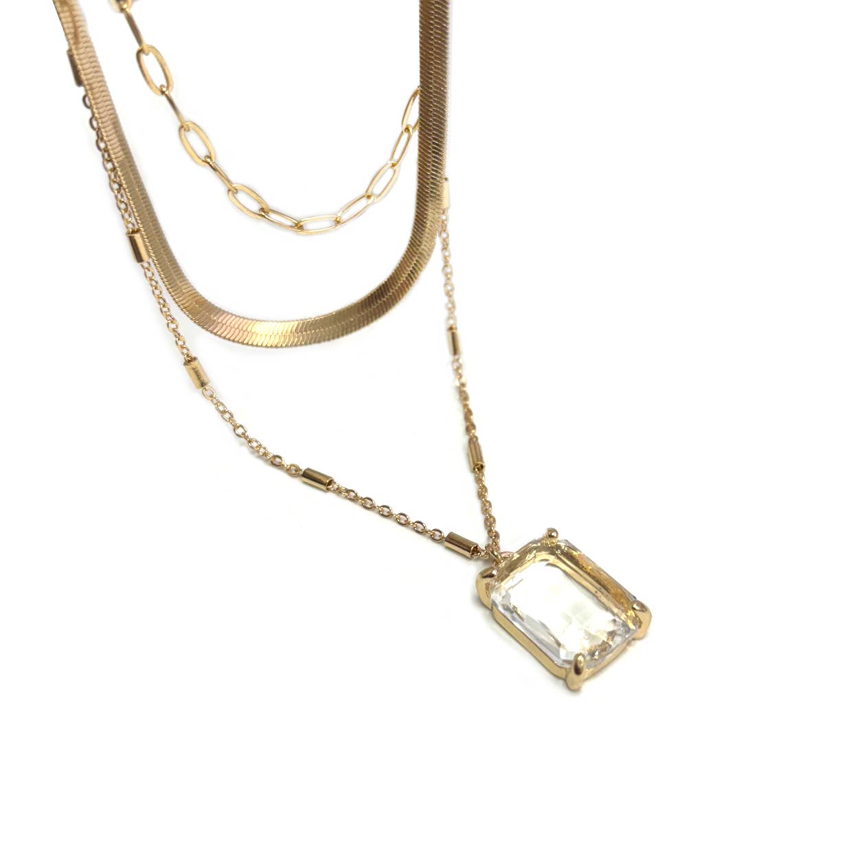 StarryNYC - Square Glass Pendant Multi Layer 3 Row Chain Necklace