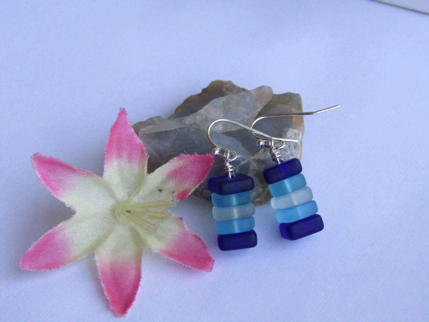 Bad Apple Designs - Stacked Blue & White Sea Glass Pebble Earrings Silver Plated