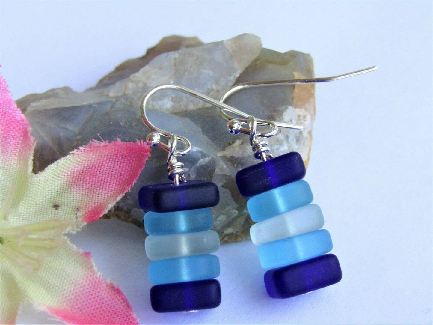 Bad Apple Designs - Stacked Blue & White Sea Glass Pebble Earrings Silver Plated