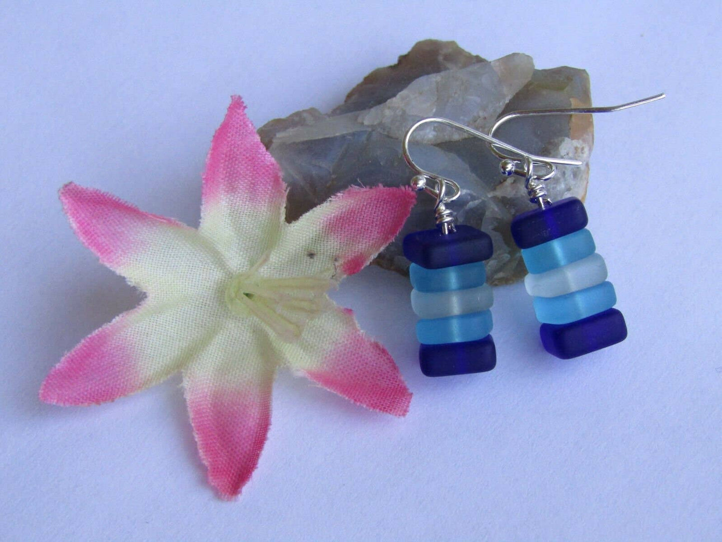 Bad Apple Designs - Stacked Blue & White Sea Glass Pebble Earrings Silver Plated