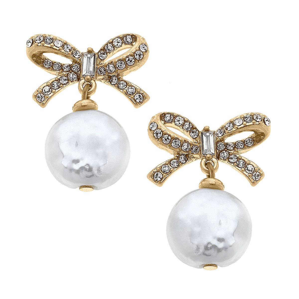 Canvas Style - Addison Pavé Bow & Pearl Drop Earrings in Worn Gold