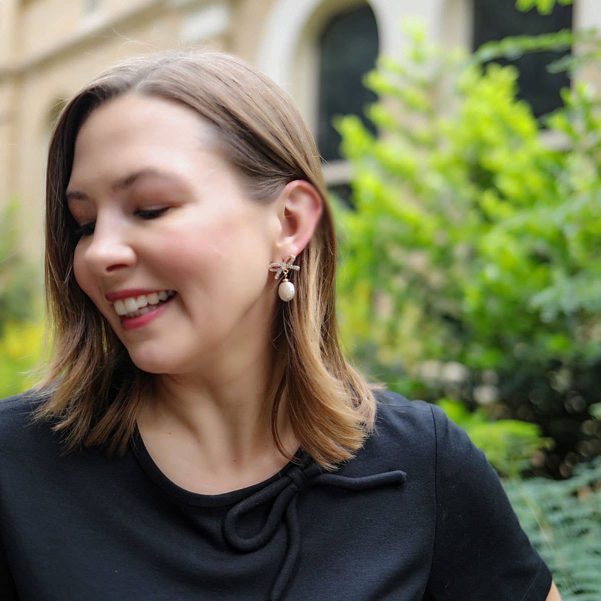 Canvas Style - Addison Pavé Bow & Pearl Drop Earrings in Worn Gold
