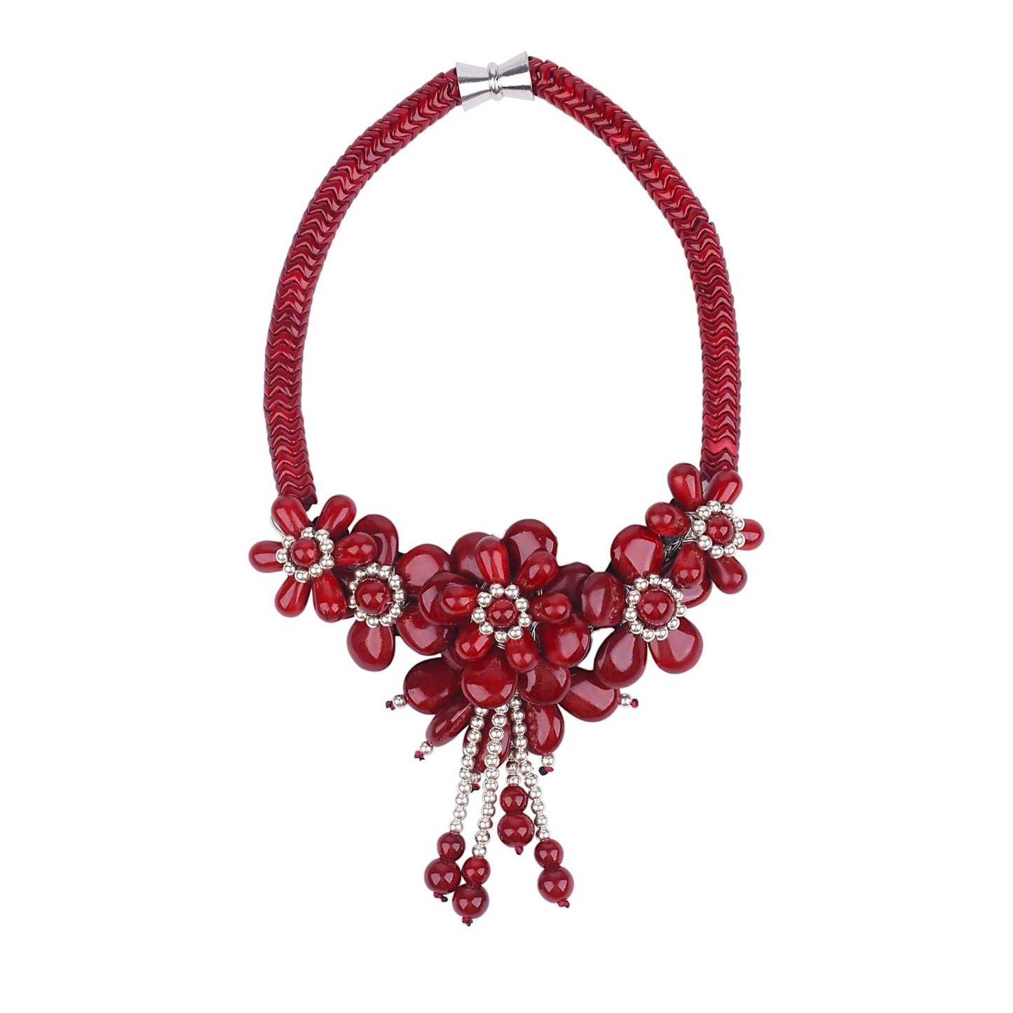 Gardenia Jewelry Ltd. - Burgundy & Silver Howlite Floral Flower Tassel Bib Necklace