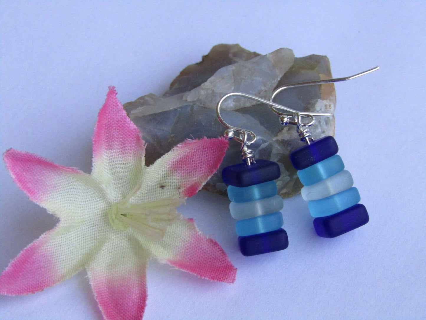 Bad Apple Designs - Stacked Blue & White Sea Glass Pebble Earrings Silver Plated