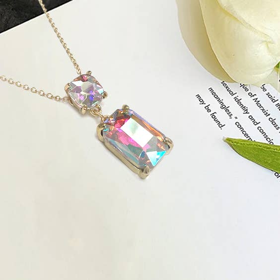 StarryNYC - Square Glass Two Linked Pendant Chain Necklace