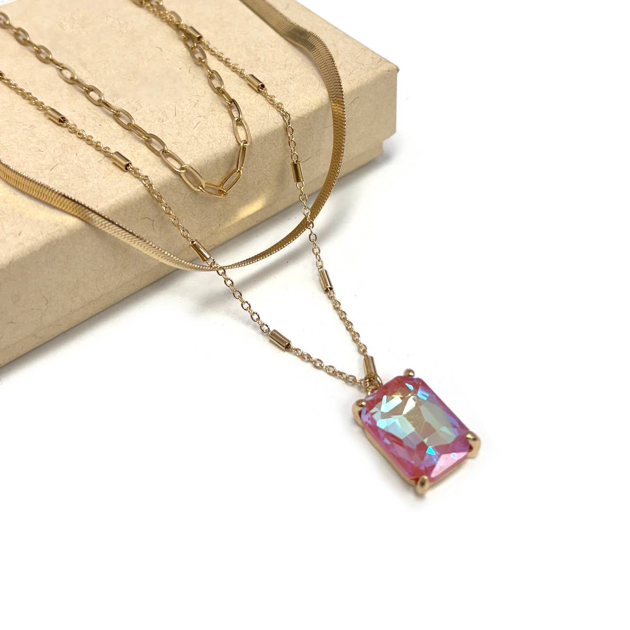 StarryNYC - Square Glass Pendant Multi Layer 3 Row Chain Necklace