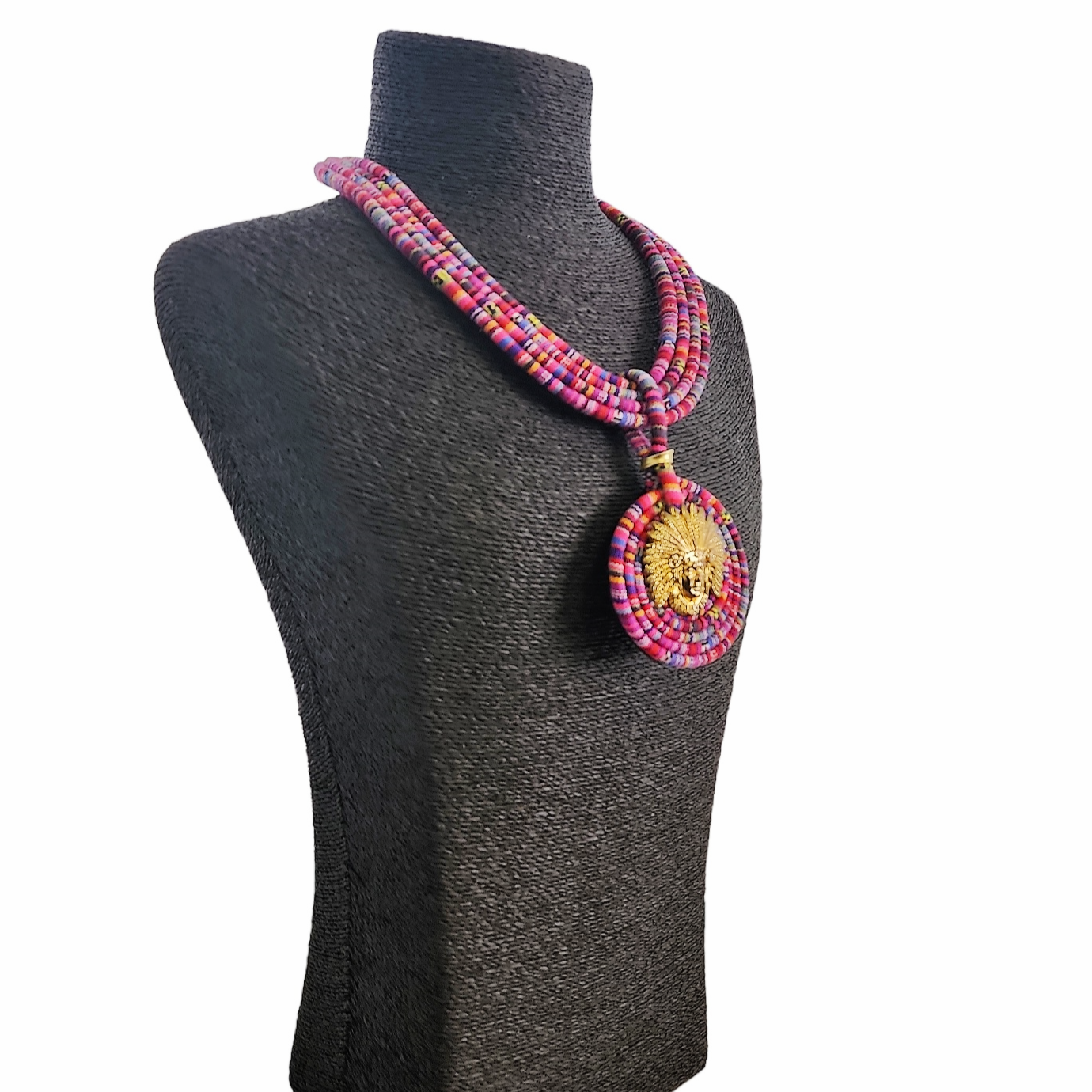 Gardenia Jewelry Ltd. - Pink & Gold Tribal Fusion Fabric Pendant Necklace