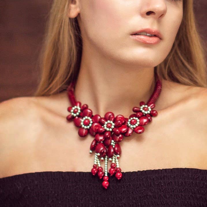 Gardenia Jewelry Ltd. - Burgundy & Silver Howlite Floral Flower Tassel Bib Necklace