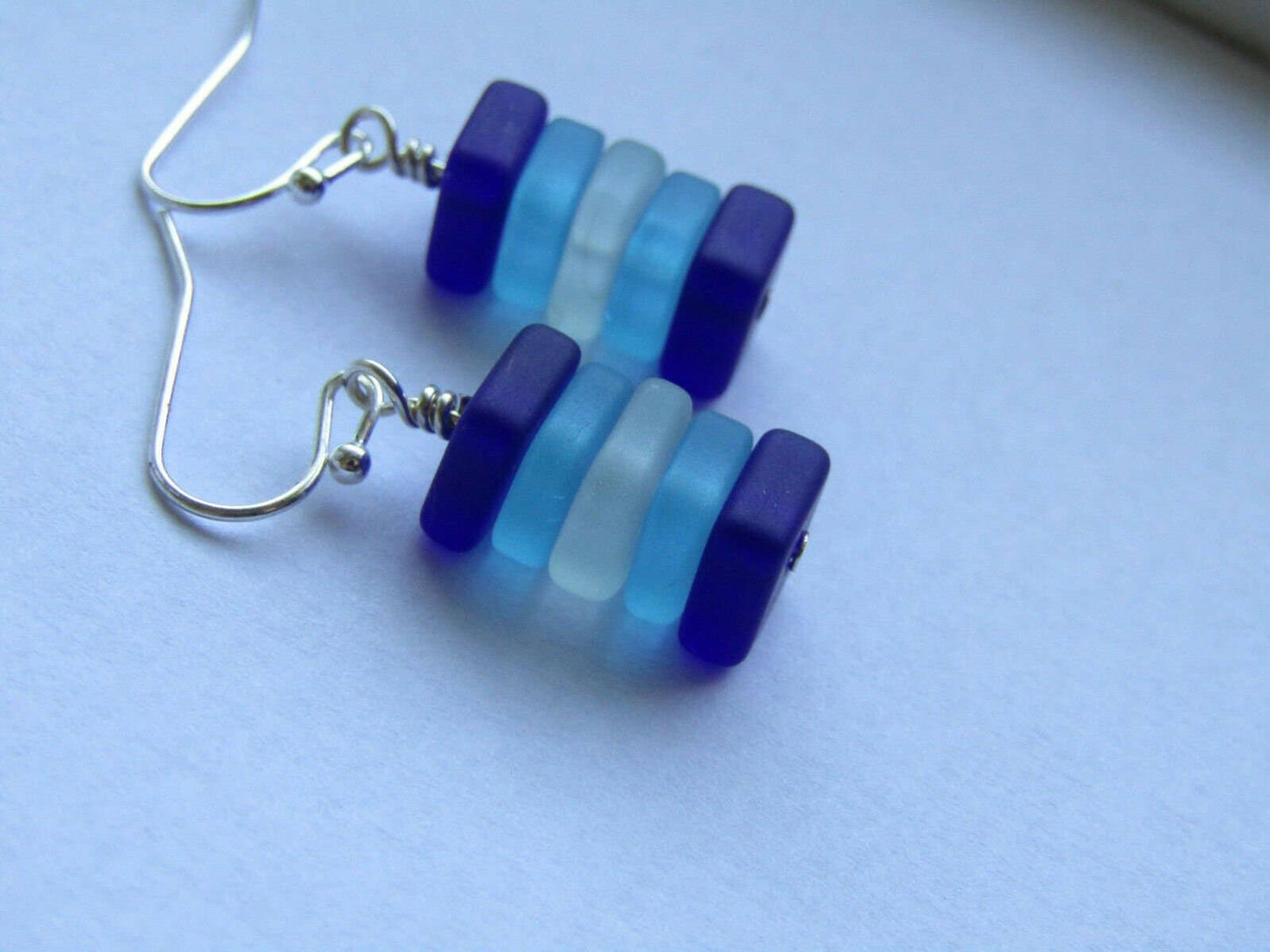 Bad Apple Designs - Stacked Blue & White Sea Glass Pebble Earrings Silver Plated