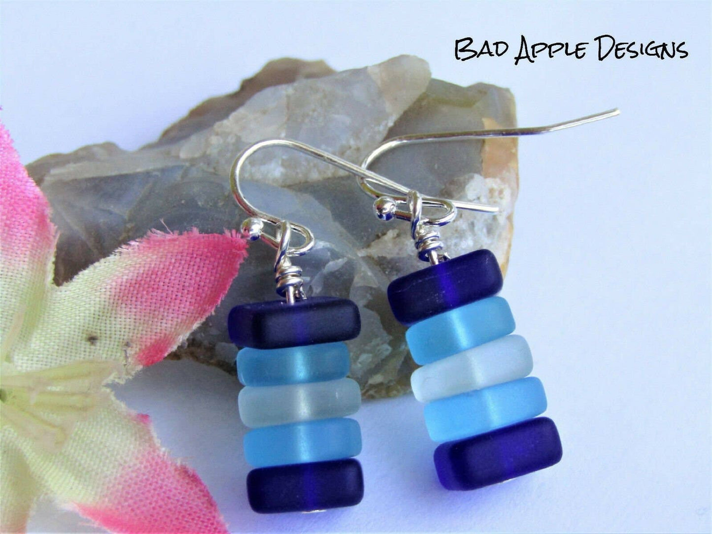 Bad Apple Designs - Stacked Blue & White Sea Glass Pebble Earrings Silver Plated
