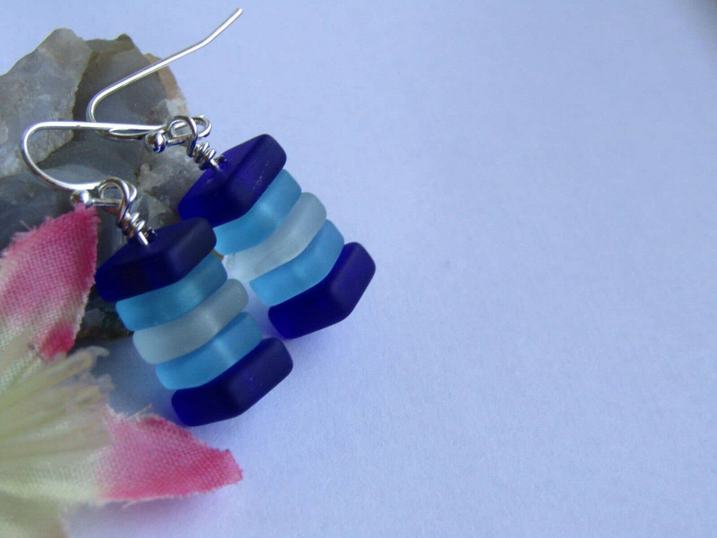 Bad Apple Designs - Stacked Blue & White Sea Glass Pebble Earrings Silver Plated