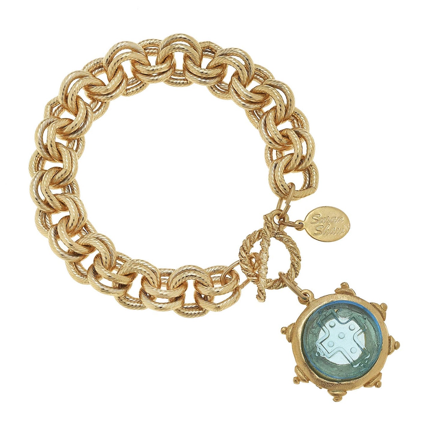 Susan Shaw - Aqua Venetian Glass Cross Intaglio on Gold Chain Bracelet
