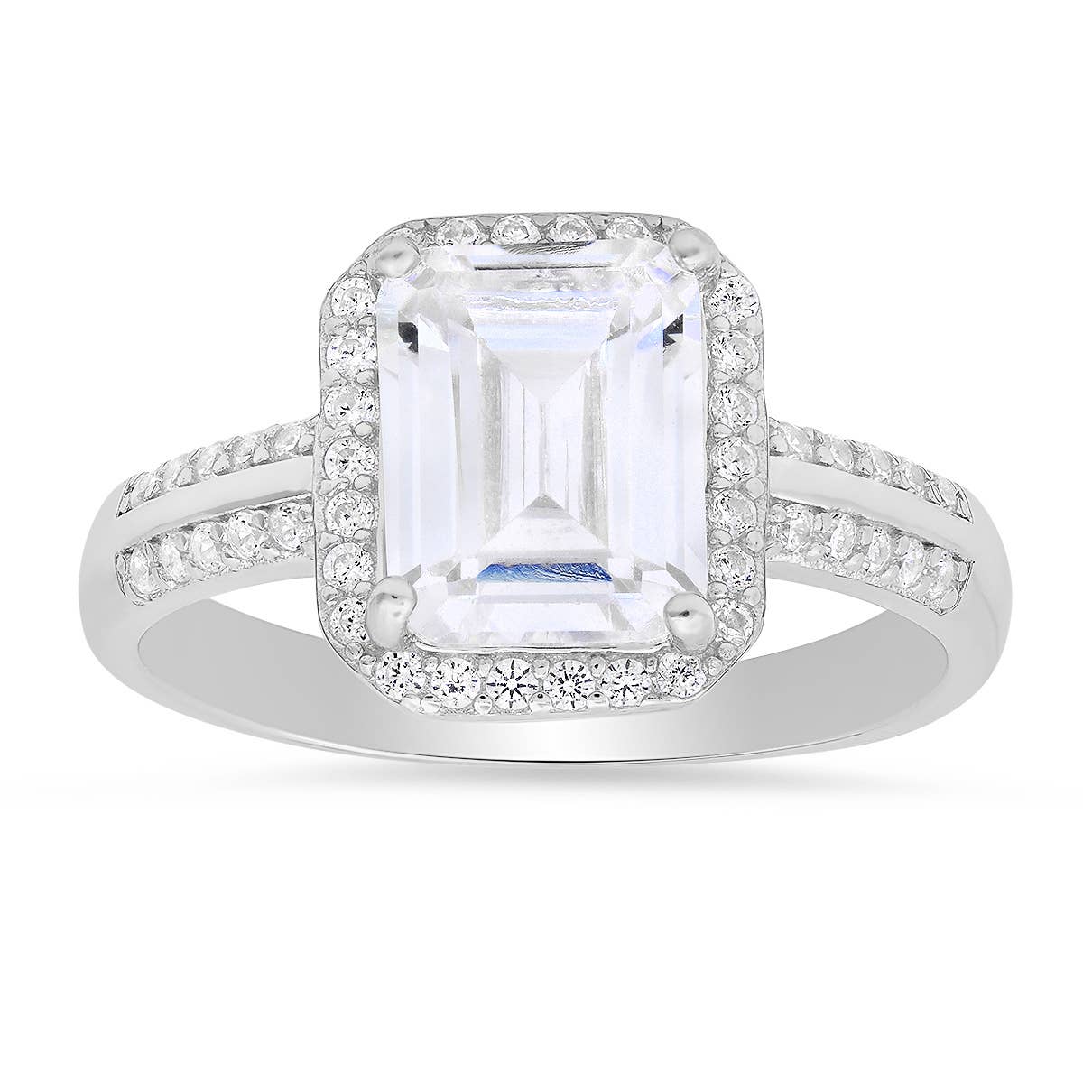 Queen Jewels - Sterling Silver Emerald-cut Halo CZ Ring