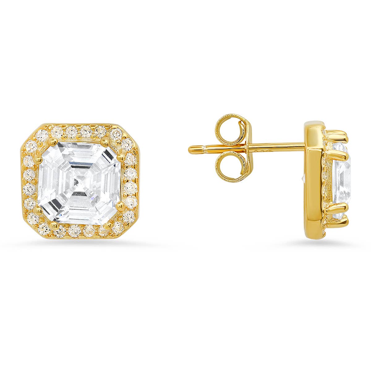 Queen Jewels - 925 Silver/Gold Asscher-cut Halo Stud Earrings