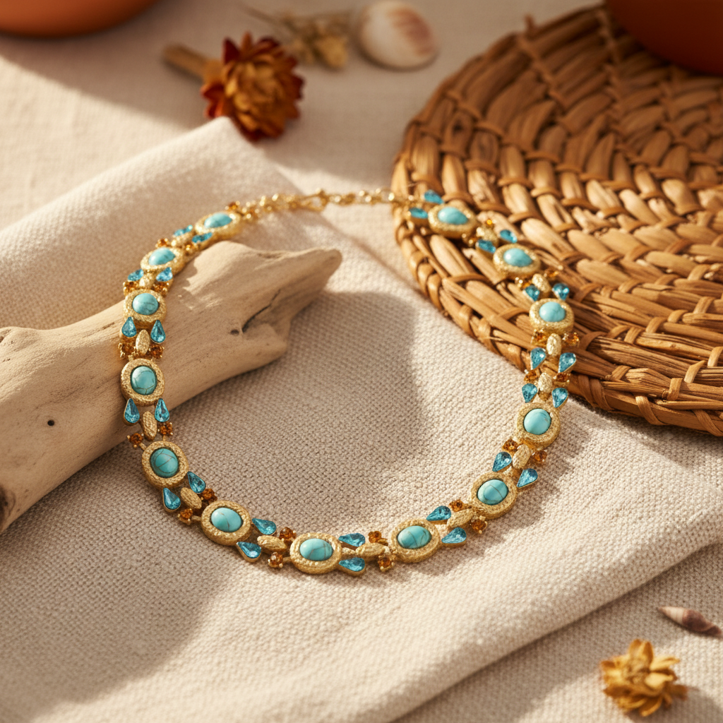 GirlyPirateCo - Vintage Gold-Plated Turquoise & Crystal Necklace