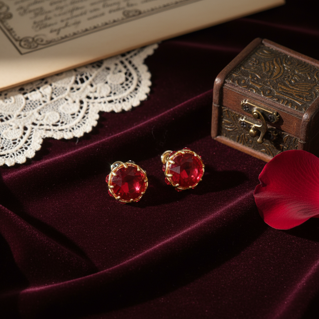 GirlyPirateCo - Vintage 18K Gold Plated Rose Red Crystal Stud Earrings