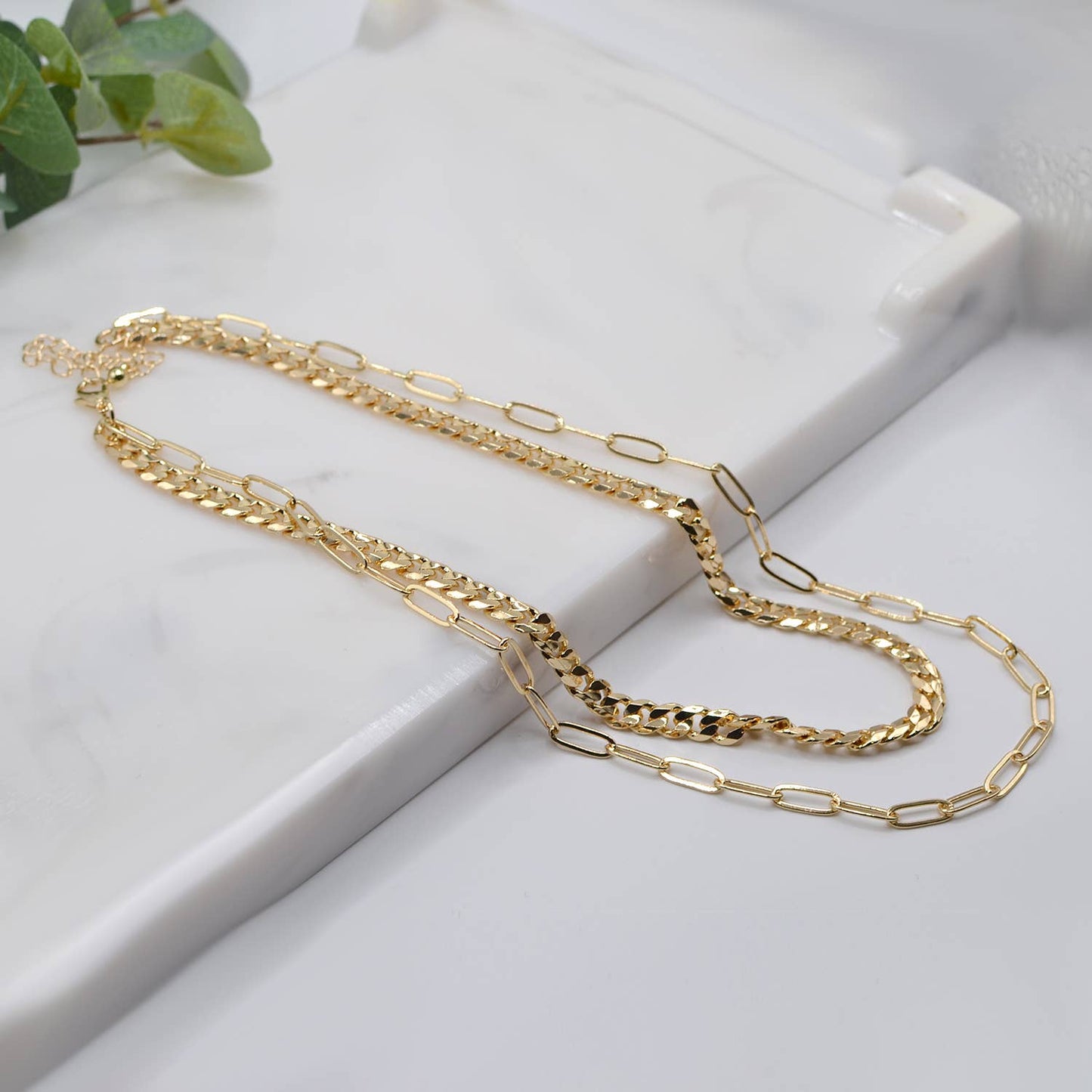 StarryNYC - Two Row Curbed & Paper Clip Chain Metal Necklace
