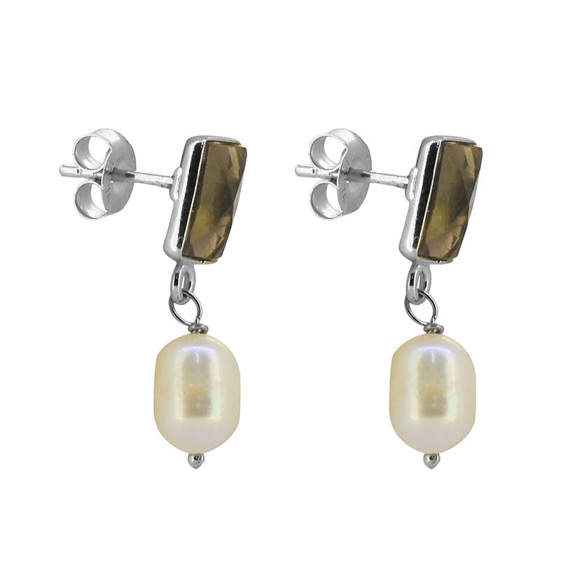 Tiramisu - 925 Sterling Silver Smoky Quartz Pearl Gemstone Stud Earring