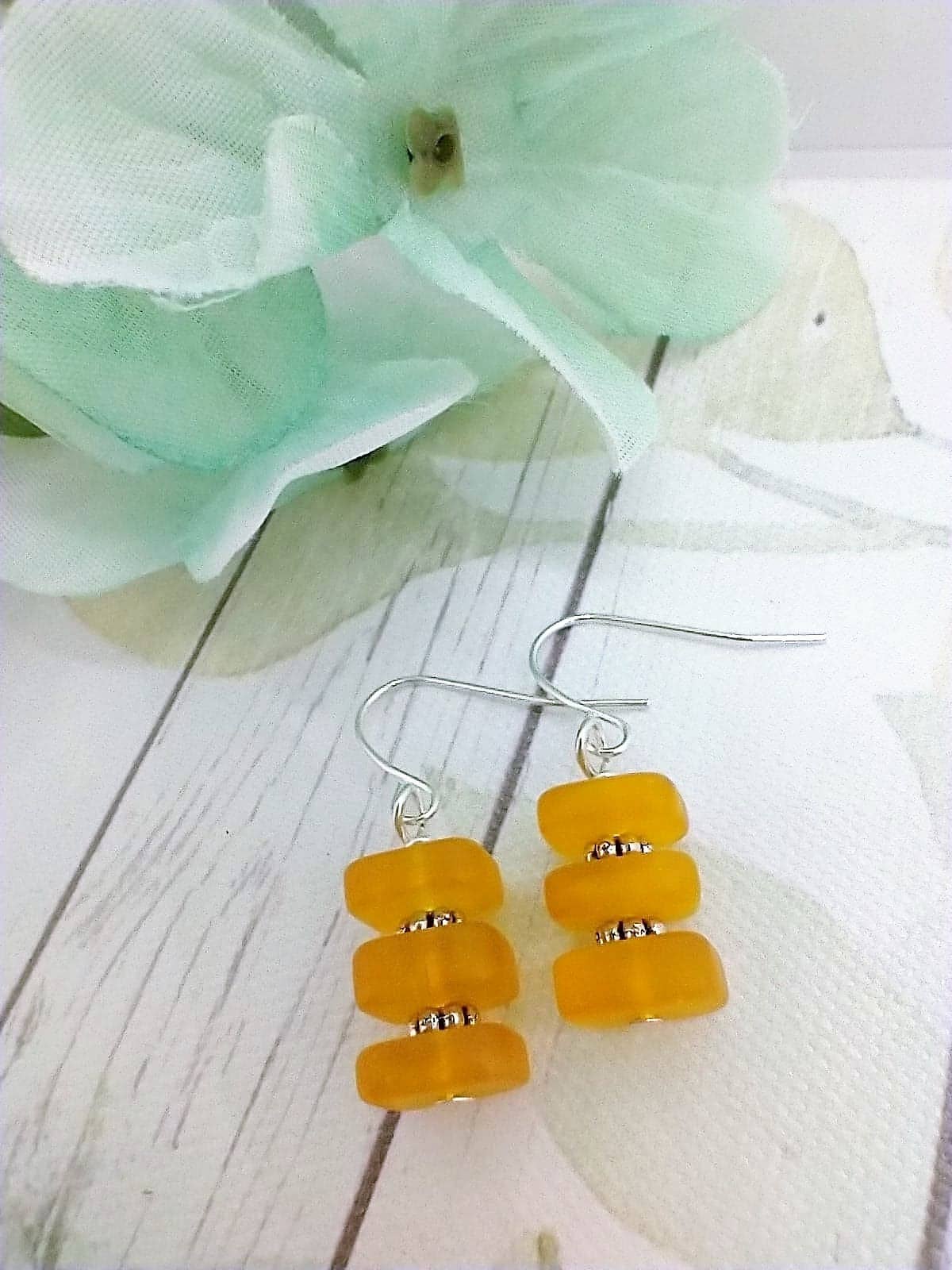 Bad Apple Designs - Stacked Square Sea Glass, .925 Sterling Silver Dangle Earrin