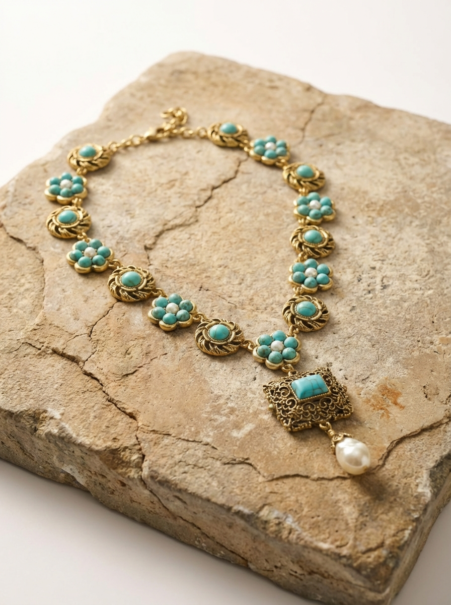 GirlyPirateCo - Vintage Turquoise & Natural Baroque Pearl Pendant Necklace