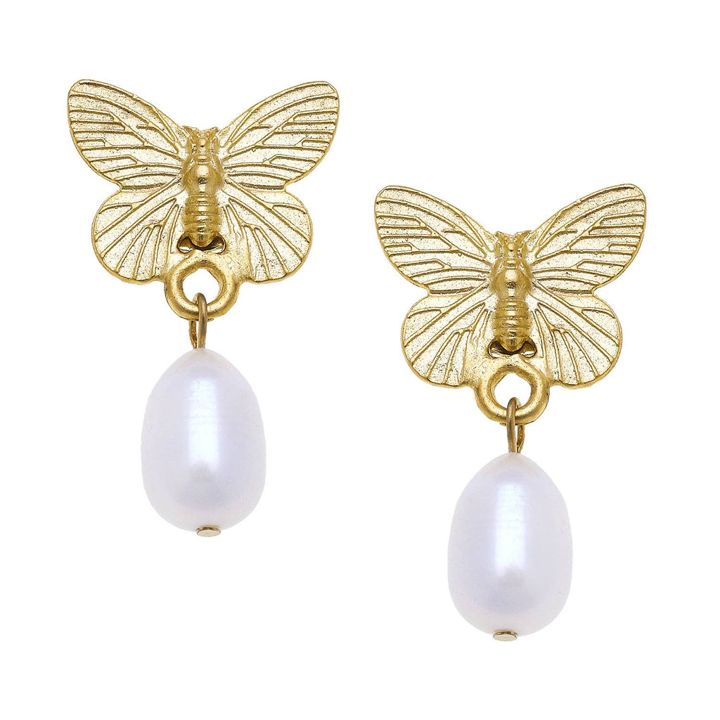 Susan Shaw - Gold Butterfly and Freshwater Pearl Earrings