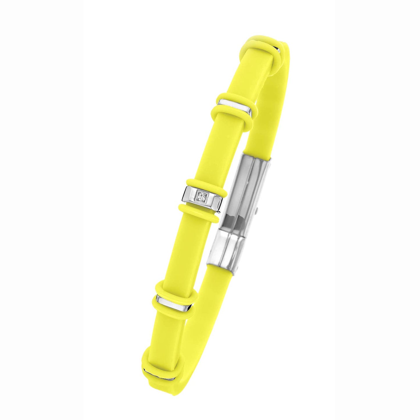 Luxe on Main LLC - Five Station Stainless Steel/CZ & Yellow Silicone Bracelet