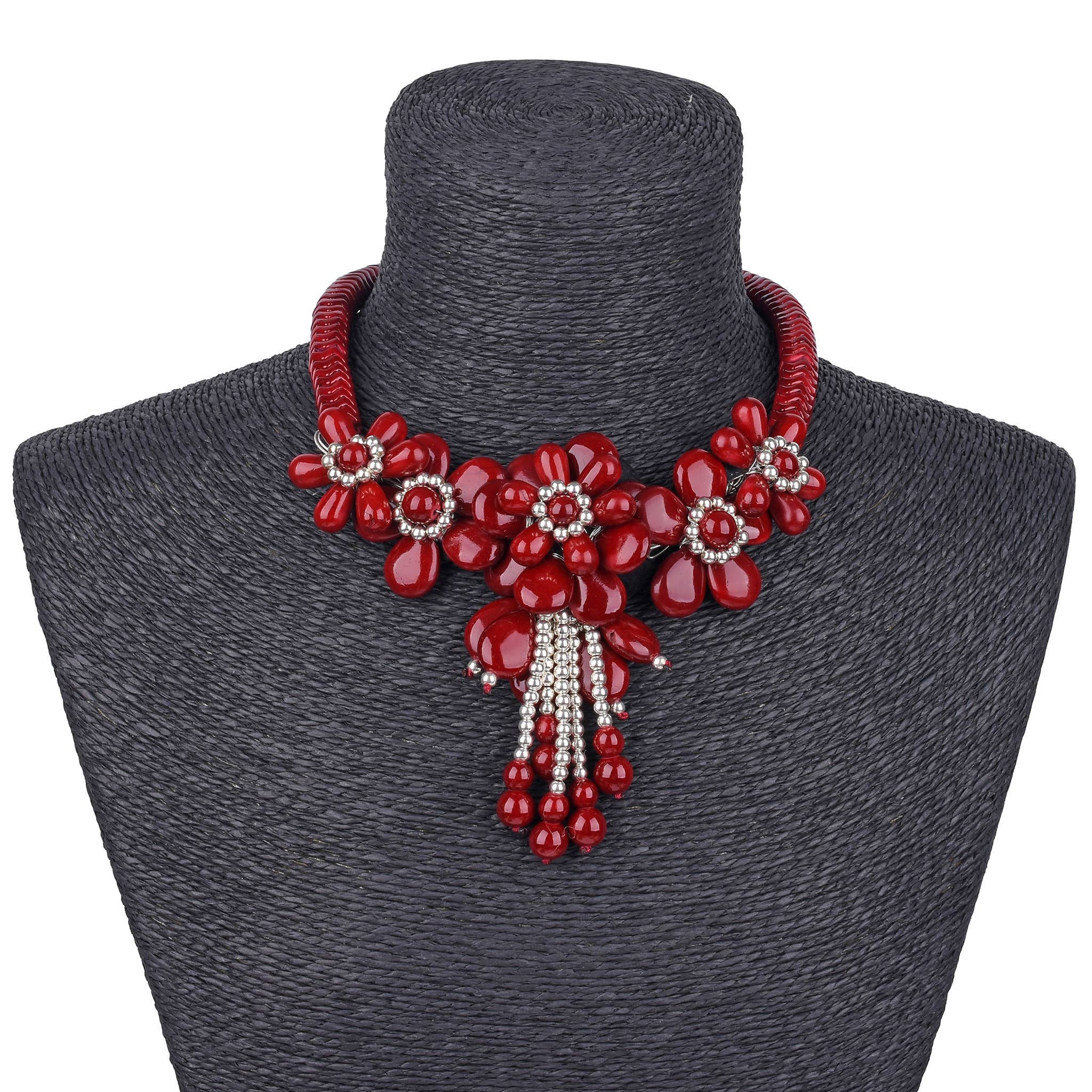 Gardenia Jewelry Ltd. - Burgundy & Silver Howlite Floral Flower Tassel Bib Necklace