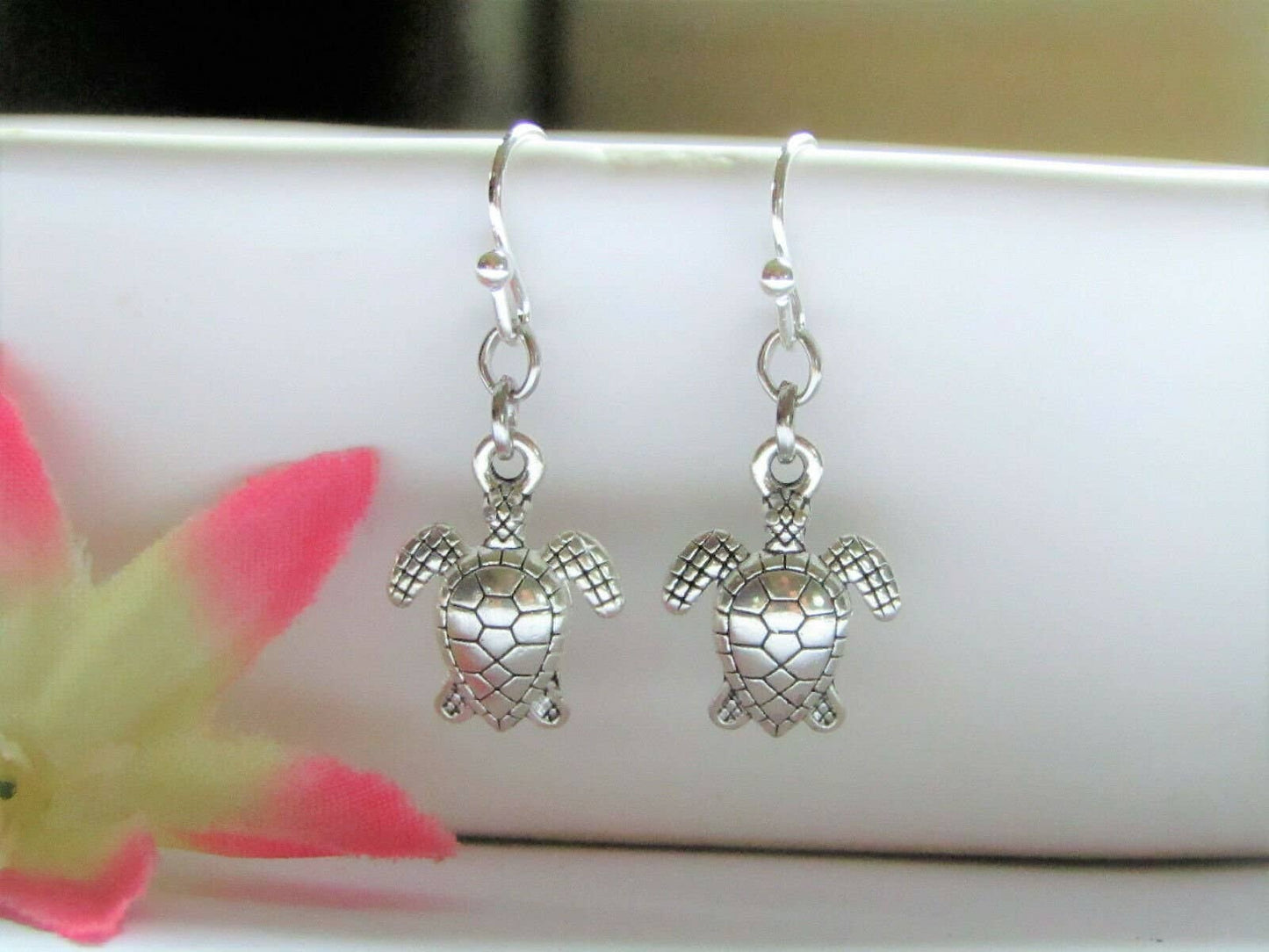 Bad Apple Designs - Sea Turtle Charm Silver Dangle Earrings, Beach Themed Acessories For Women