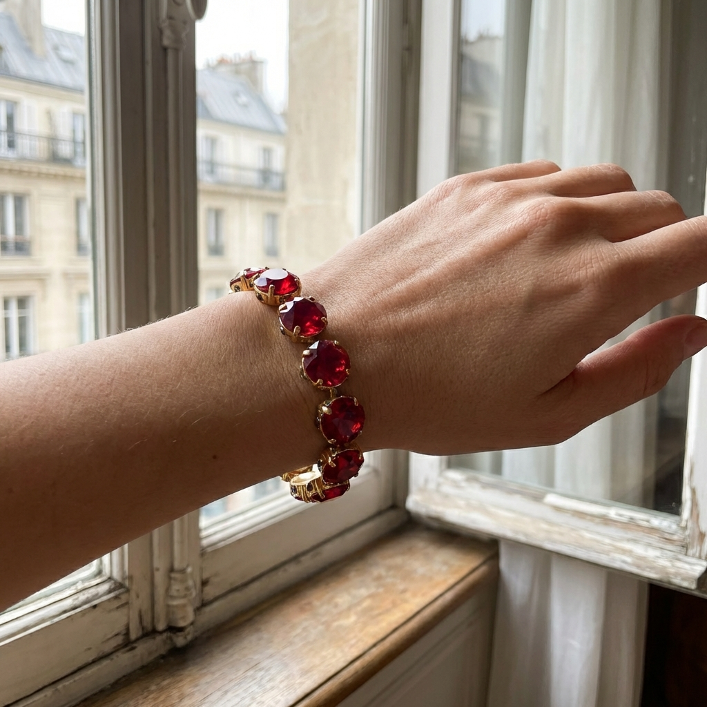 GirlyPirateCo - Vintage 18K Gold Plated Rose Red Crystal Bracelet