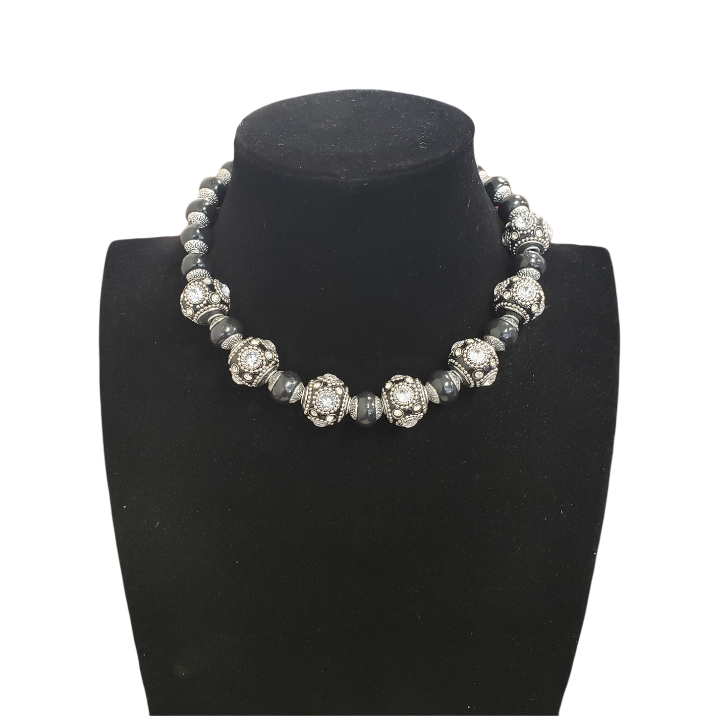 Gardenia Jewelry Ltd. - Graduated Black Ceramic & Rhinestone Lamp Work Bead Necklace