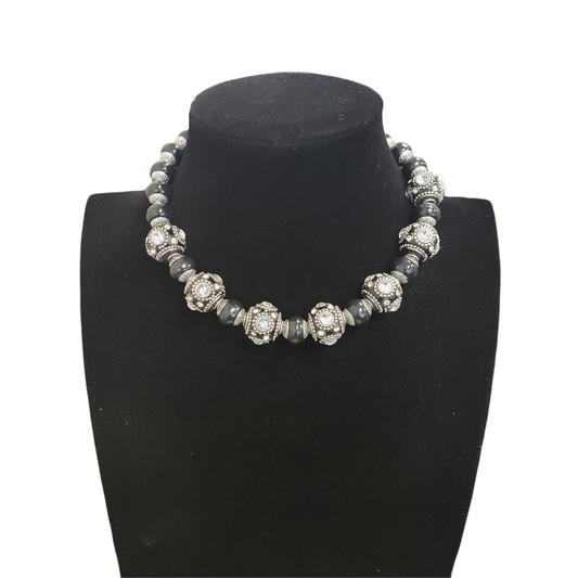Gardenia Jewelry Ltd. - Graduated Black Ceramic & Rhinestone Lamp Work Bead Necklace