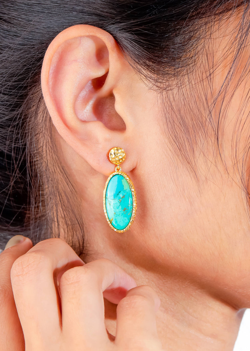 Tiramisu - Gold Plated Hammered Blue Mohave Turquoise Stud Earrings