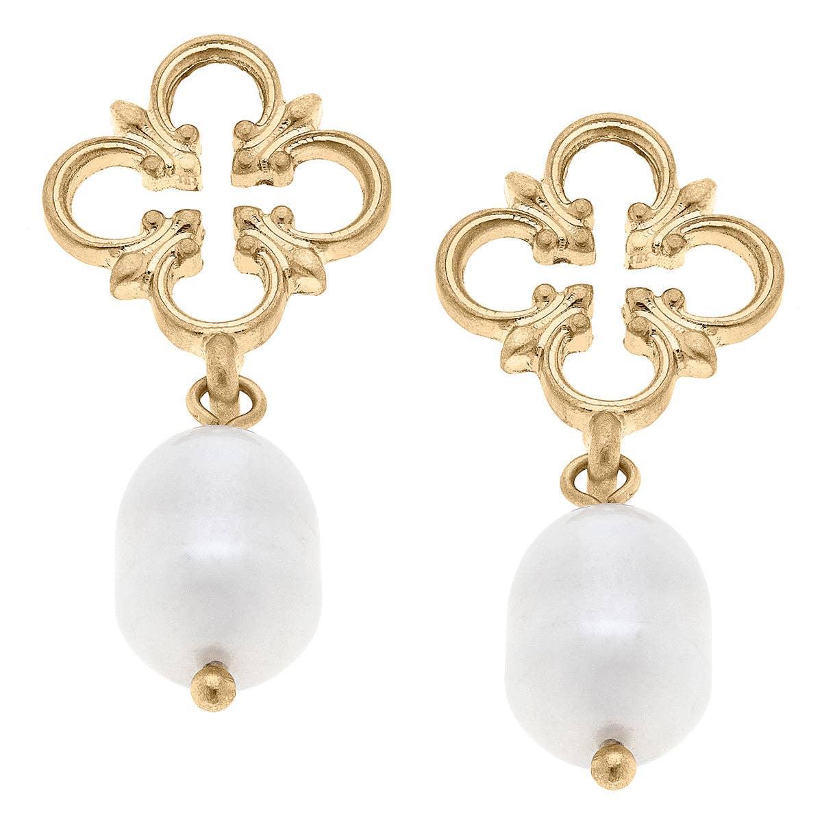 Canvas Style - Suzette Open Quatrefoil & Pearl Drop Earrings in Worn Gold