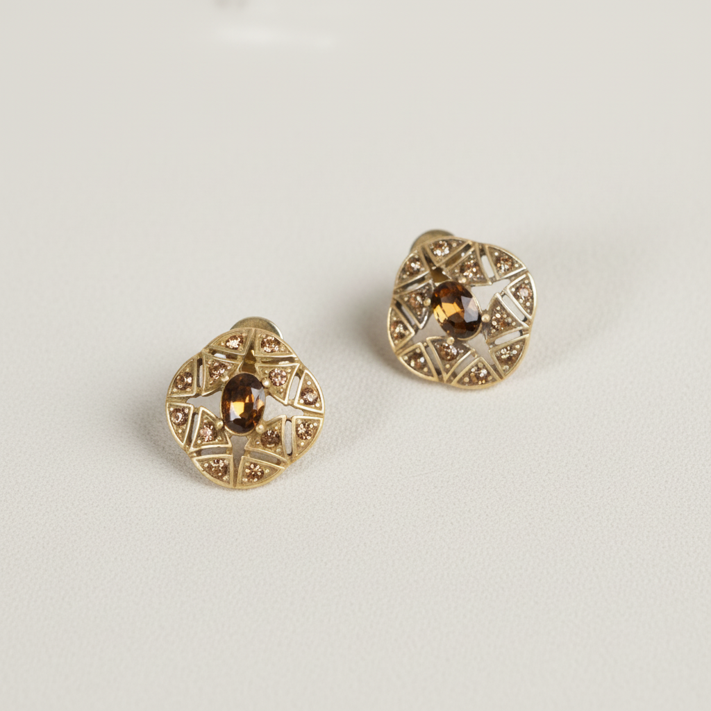 GirlyPirateCo - Vintage 18K Gold Plated Hollow Caramel Crystals Earrings