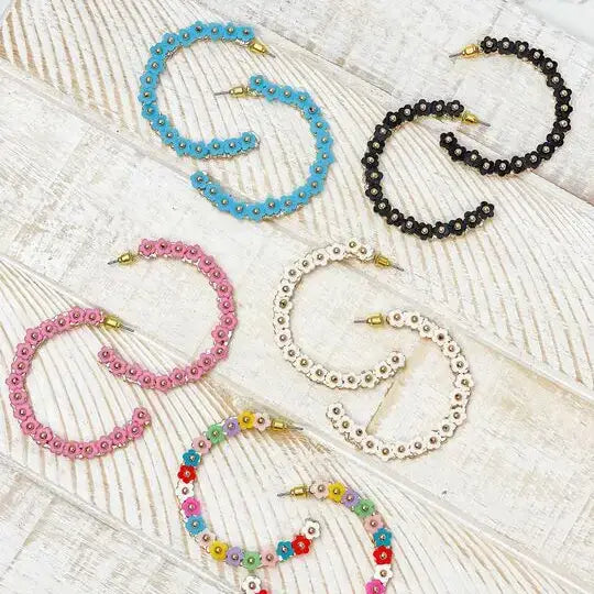 Prep Obsessed Wholesale - Beaded Mini Flower Lined Hoop Earrings