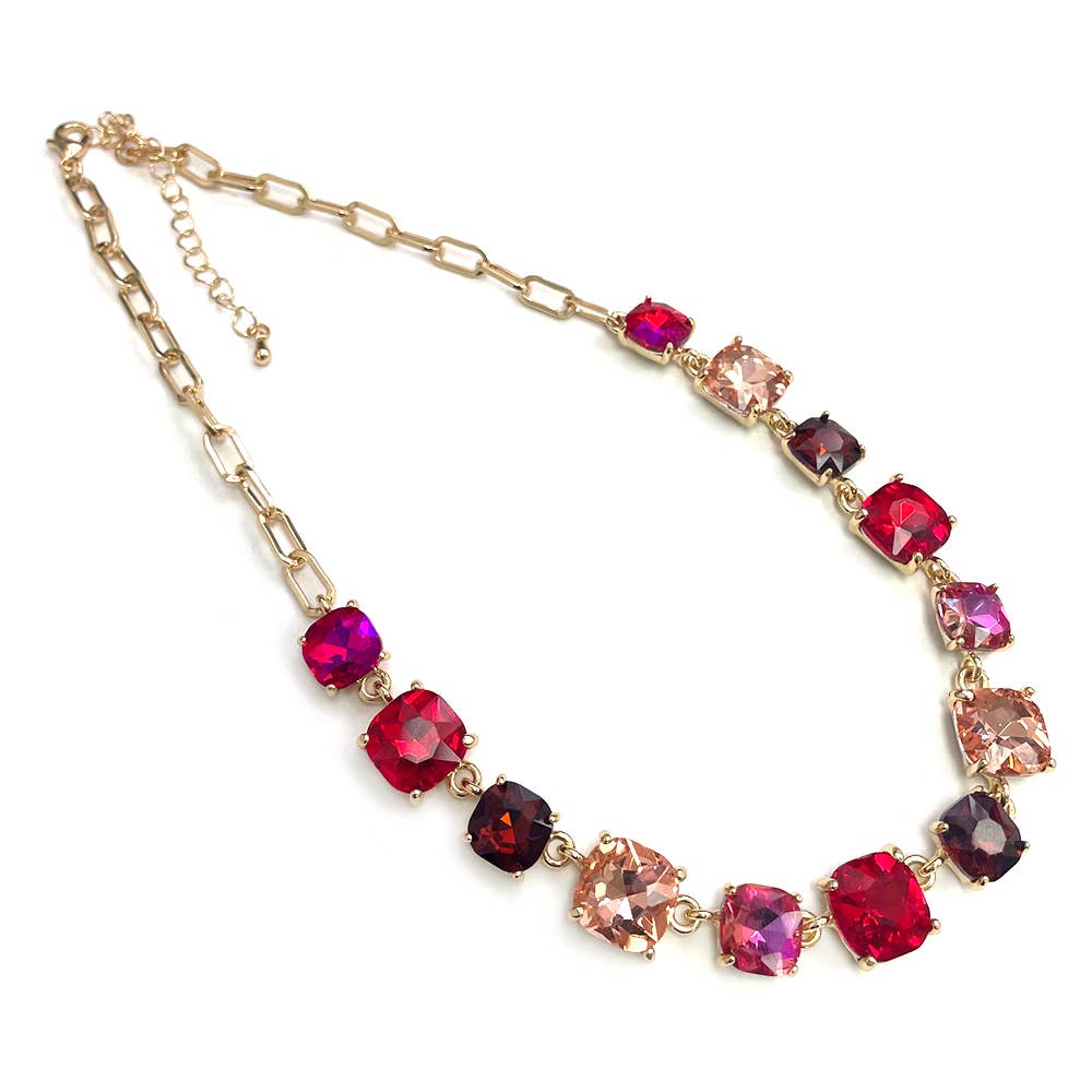 StarryNYC - Cushion Cut Square Glass Crystal Linked Chain Necklace