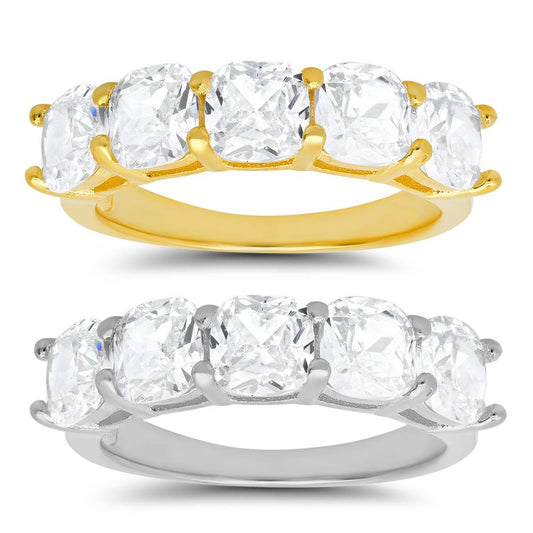 Queen Jewels - 925 Silver/Gold 5-Stone Diamond CZ Cushion Cut Ring
