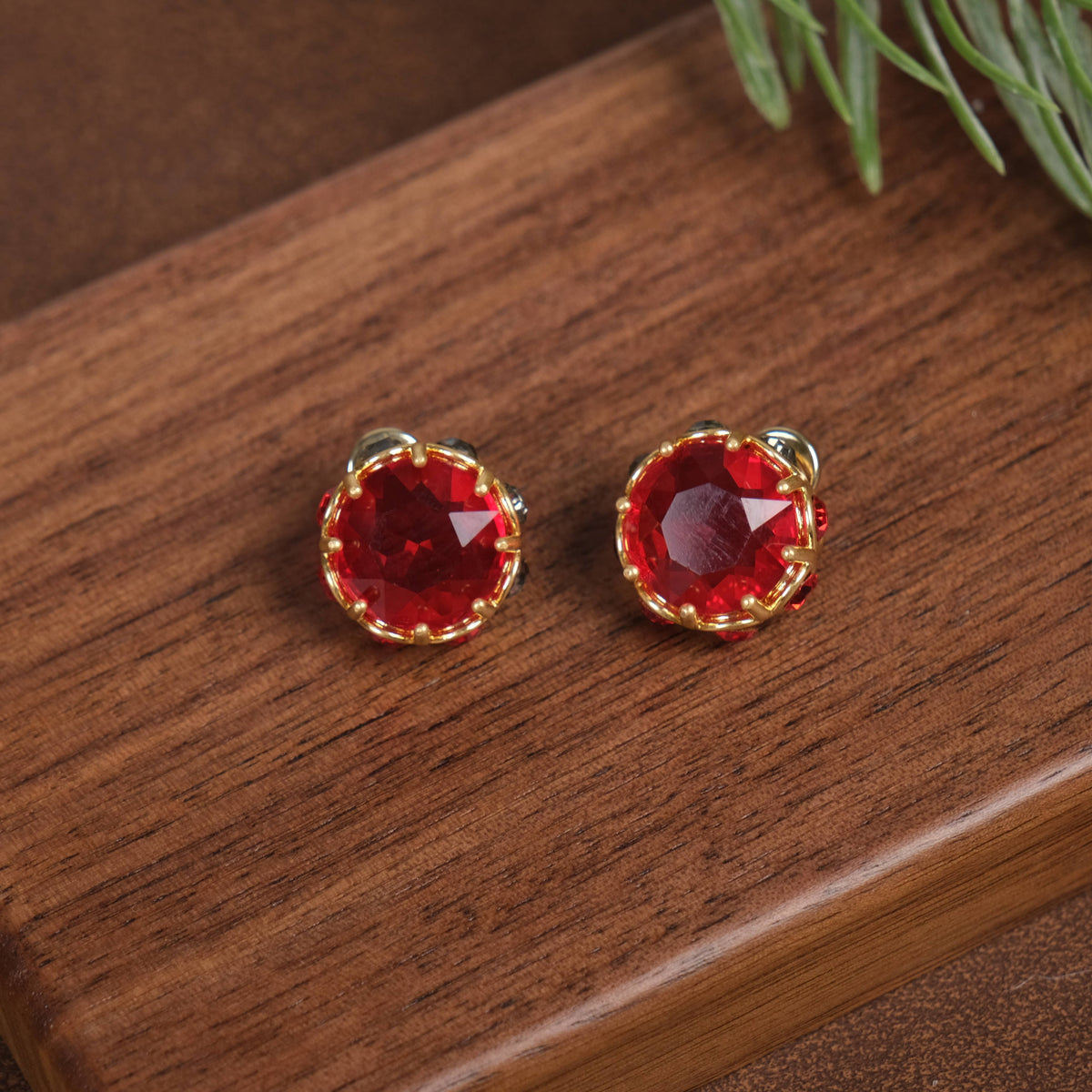 GirlyPirateCo - Vintage 18K Gold Plated Rose Red Crystal Stud Earrings