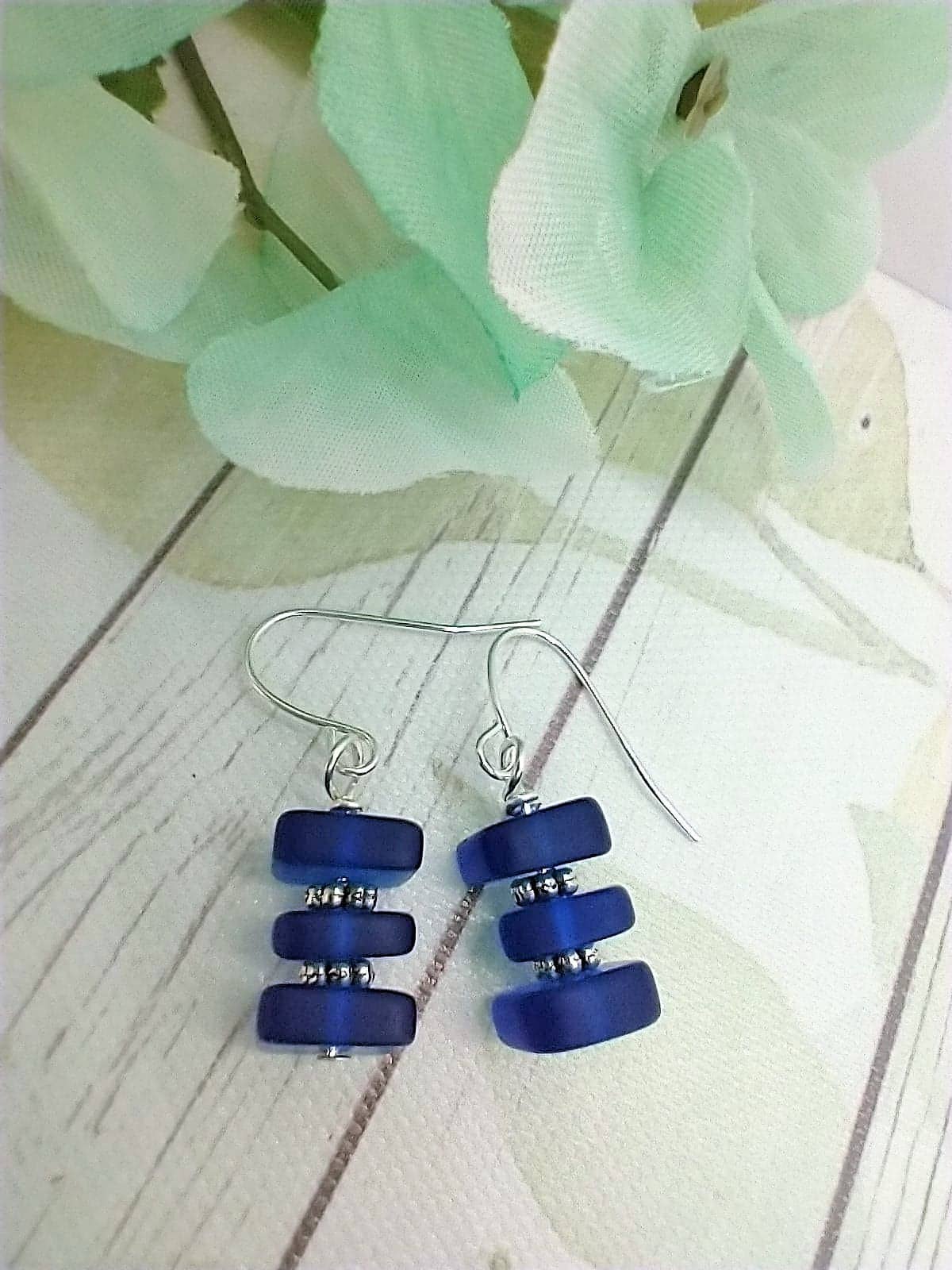 Bad Apple Designs - Stacked Square Sea Glass, .925 Sterling Silver Dangle Earrin