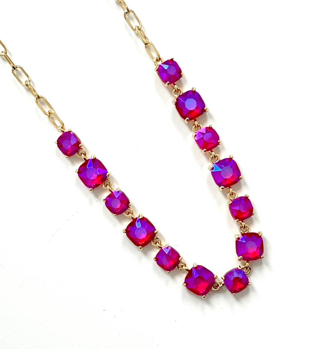 StarryNYC - Cushion Cut Square Glass Crystal Linked Chain Necklace