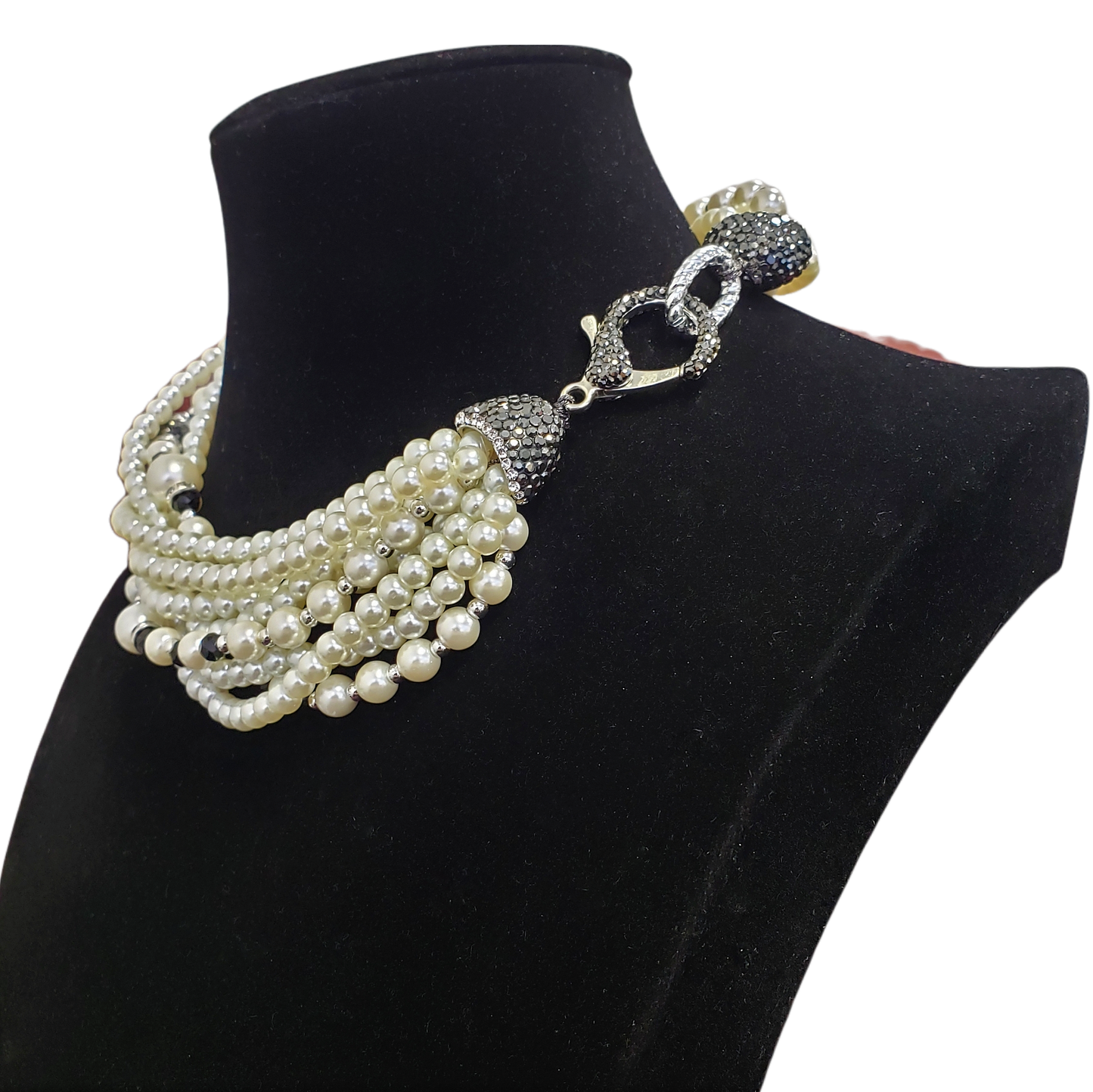 Gardenia Jewelry Ltd. - Pearl & Rhinestone Fireball Twist w/ Chunky Clasp Necklace