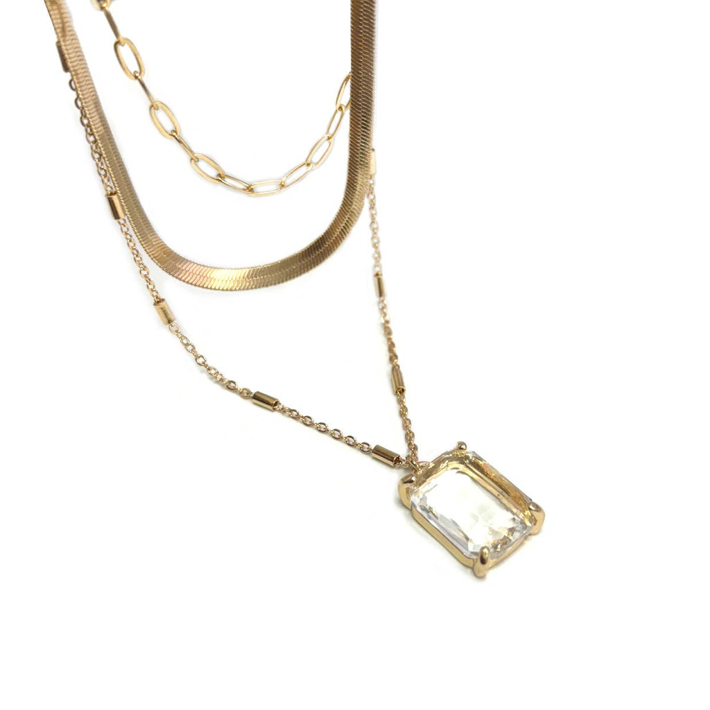 StarryNYC - Square Glass Pendant Multi Layer 3 Row Chain Necklace