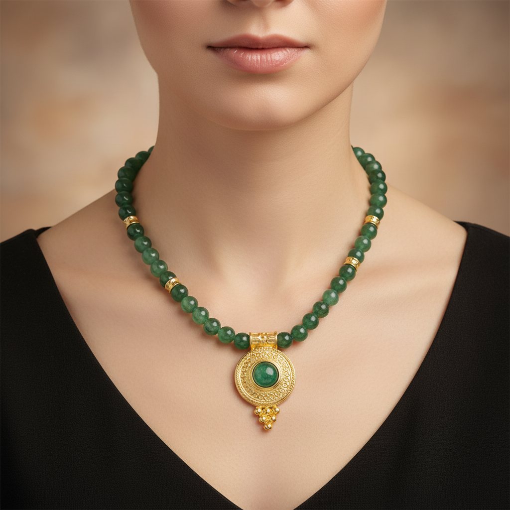GirlyPirateCo - Vintage 18K Gold Plated Natural Green Stone Necklace