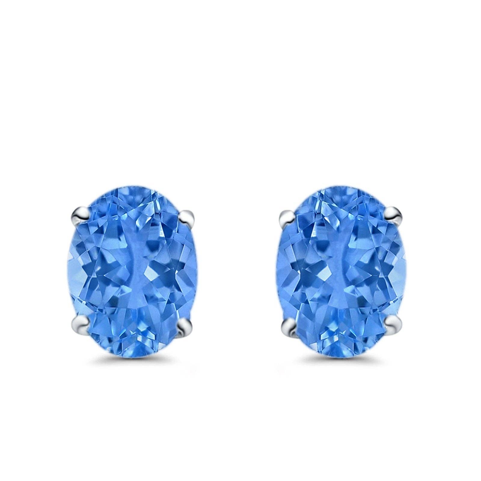 Blue Apple Imports - Art Deco Oval Wedding Bridal Stud Earrings Simulated Blue Topaz CZ 8mmx6mm