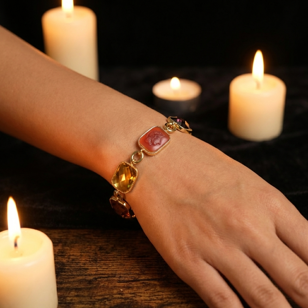 GirlyPirateCo - Vintage 18K Gold-Plated Colorful Crystals&Red Agate Bracelet