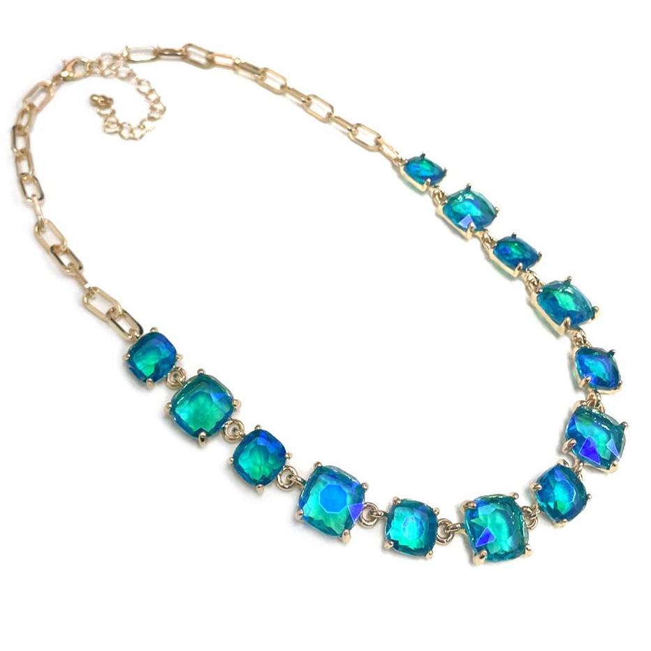 StarryNYC - Cushion Cut Square Glass Crystal Linked Chain Necklace